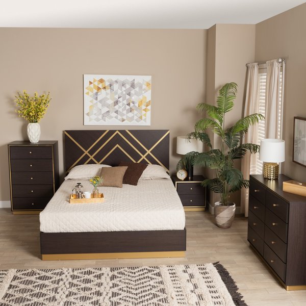 Baxton Studio Arcelia Glam and Luxe  Dark Brown and Gold Finished Wood Queen Size Bedroom Set4PC with Chest 219-12583-12139-12141-12604-ZORO